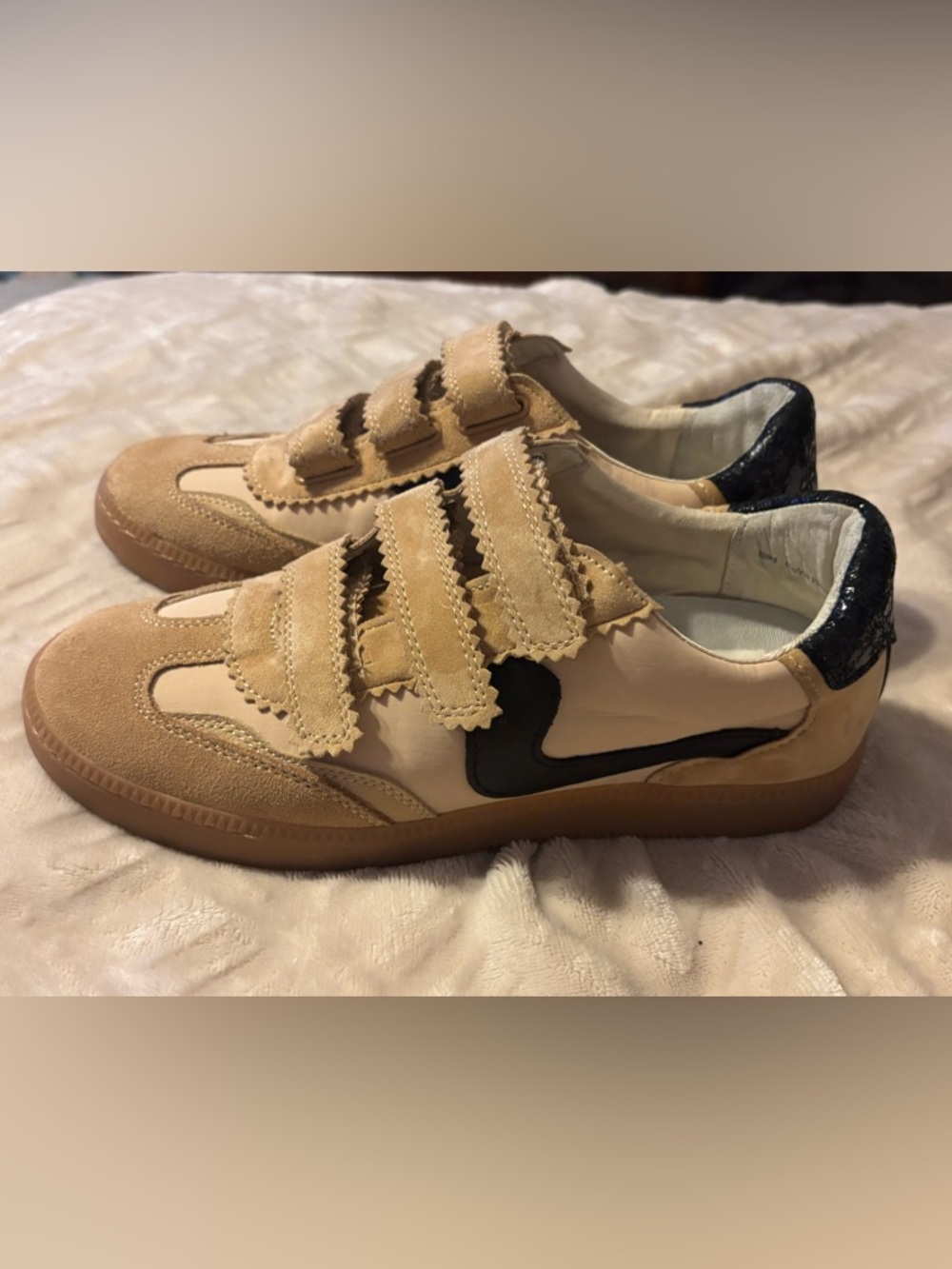 Dolce Vita Beige and Black Suede Strap Sneakers